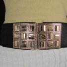 New Women Black Elastic Fashion Belt Hip Waist Gold Squares Buckle S M 26"-35"