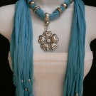 NEW WOMEN L. BLUE FASHION SOFT SCARF NECKLACE HEART FLOWER SILVER BEAD PENDANT