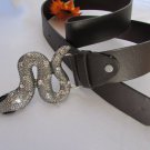 WOMEN BROWN FAUX LEATHER FASHION BELT BIG SNAKE RHINESTONE BUCKLE 36"-40" L/XL