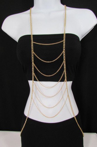New Women Gold Multi Metal Waves Body Chain Long Necklace 2014 Fashion Jewelry