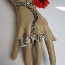 NEW WOMEN SILVER METAL HAND CHAIN LOVE RHINESTONES SLAVE BRACELET LONG RING