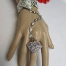 NEW WOMEN SILVER METAL HAND CHAIN DIAMOND SHAPED RHINESTONES SLAVE BRACELET RING