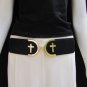 WOMEN HIGH WAIST HIP BLACK ELASTIC FASHION BELT GOLD CROSS BUCKLE 27"-36" XS S M