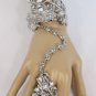 NEW WOMEN SILVER METAL CUFF BRACELET SLAVE RING SET PEACOCK FEATHER RHINESTONES