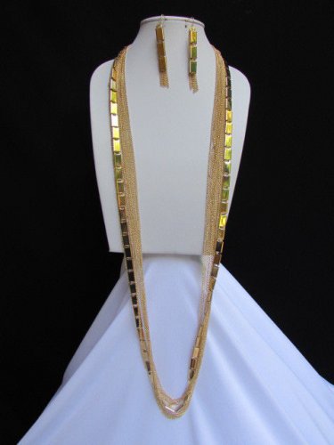 NEW WOMEN LONG MULTI 11 STRANDS GOLD THIN CHAINS FASHION NECKLACE +EARRINGS SET