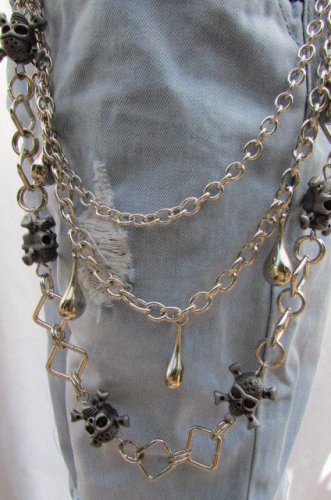New Silver Metal Long Wallet Chain KeyChain Gray Skulls Skeleton Drops 3 Strands