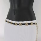 New Women Gold Metal Dots Fashion Belt Black Faux Leather Hip Waist M L 31"-42"