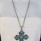 New Women Long Silver Metal Chains Fashion Necklace Big Turquoise Cross Pendant