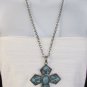 New Women Long Silver Metal Chains Fashion Necklace Big Turquoise Cross Pendant