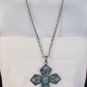 New Women Long Silver Metal Chains Fashion Necklace Big Turquoise Cross Pendant