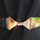 NEW WOMEN HIGH WAIST HIP GOLD METAL PLATE BOW BELT BLACK ELASTIC 26"-35" S M