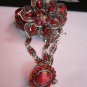 BRAND NEW WOMEN SILVER CUFF SLAVE BRACELET CONECCTED BIG RING RED CENTER FLOWERS