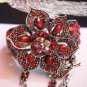 BRAND NEW WOMEN SILVER CUFF SLAVE BRACELET CONECCTED BIG RING RED CENTER FLOWERS