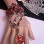 BRAND NEW WOMEN SILVER CUFF SLAVE BRACELET CONECCTED BIG RING RED CENTER FLOWERS