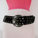 New Women Black Faux Suede Wide Western Fashion Belt Big Rhinestones Buckle S M