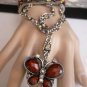 NEW WOMEN SILVER CUFF SLAVE BRACELET CONECCTED RING BROWN FLOWERS BIG BUTTERFLY