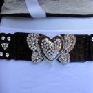 NEW WOMEN ELASTIC BLACK WESTERN BELT BIG HEARTS BUCKLE RHINESTONES 27"-35" S/M