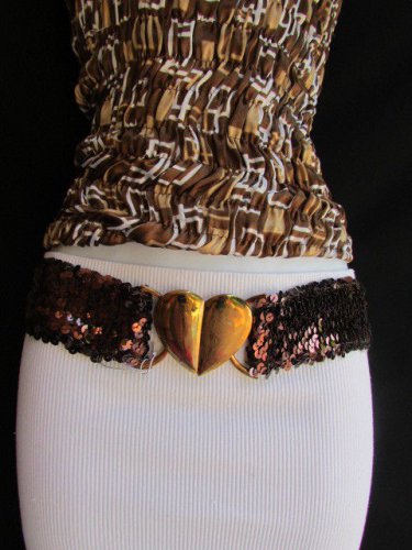 NEW BEBE WOMEN BROWN SEQUINS ELASTIC FABRIC FASHION BELT GOLD HEART 27"-36" S M