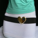 NEW ZARA WOMEN BLACK ELASTIC THIN FASHION BELT GOLD METAL HEART BUCKLE S/M