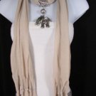 NEW WOMEN BEIGE FASHION SOFT SCARF LONG NECKLACE BIG SILVER FUN ELEPHANT PENDANT