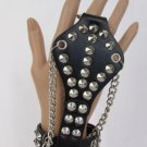 NEW MEN WOMEN ROCK PUNK SILVER METAL SPIKES HAND CHAIN SLAVE RING BRACELET BIKER