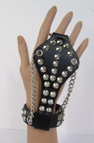 NEW MEN WOMEN ROCK PUNK SILVER METAL SPIKES HAND CHAIN SLAVE RING BRACELET BIKER