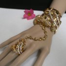 NEW WOMEN GOLD METAL CUFF BRACELET SLAVE RING SET PEACOCK FEATHER RHINESTONES