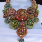 NEW WOMEN BIG GOLD METAL FLOWERS LONG NECKLACE ROSES RHINESTONES + EARRINGS SET