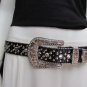 WOMEN BLACK LEATHER WESTERN RODEO CROSS RHINESTONES BELT SILVER BUCKLE 31"-36" M