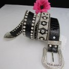 NEW WOMEN BLACK LEATHER WESTERN MINI BOWS RHINESTONES BELT BIG BUCKLE 31"-36" M