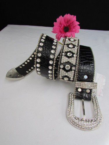 NEW WOMEN BLACK LEATHER WESTERN MINI BOWS RHINESTONES BELT BIG BUCKLE 31"-36" M