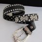 NEW WOMEN BLACK LEATHER WESTERN BOWS RHINESTONES BELT SILVER BUCKLE 31"-36" S M