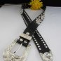 NEW WOMEN BLACK LEATHER WESTERN BOWS RHINESTONES BELT SILVER BUCKLE 34"-39" L XL