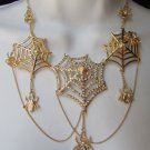 NEW WOMEN GOLD NECKLACE METAL SPIDERS NET RHINESTONES + EARRINGS SET HALLOWEEN