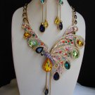 NEW WOMEN GOLD BIG BUTTERFLY LONG NECKLACE PURPLE BLUE RHINESTONES + EARRINGS