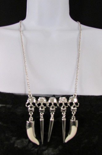 New Women Silver Metal Chain Long Fashion Necklace Mini Skulls Rhinestones Teeth