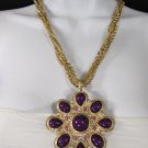 New Women Long Gold Chains Fashion Necklace Big Purple Flower Pendant + Earrings