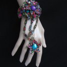 NEW WOMEN GOLD CUFF SLAVE BRACELET CONECCTED RING MULTI COLORS BEADS BIG FLOWER