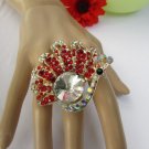 WOMEN SILVER RED BLACK RHINESTONES BIG METAL PEACOCK FASHION RING ELASTIC SIZE