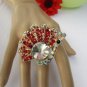 WOMEN SILVER RED BLACK RHINESTONES BIG METAL PEACOCK FASHION RING ELASTIC SIZE