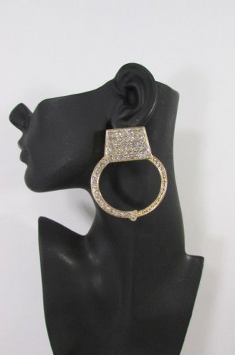 New Women Big Hand Cuff Hoops Thick Gold Metal Fashion Earrings Set Rhinestone