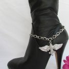NEW WOMEN SILVER BOOT CHAIN 1 STRAP BIG METAL WINGS CROSS WESTERN SHOE CHARM #28