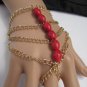 WOMEN GOLD FASHION MULTI STRANDS HAND CHAINS SIX RED BEADS BRACELET SLAVE RING
