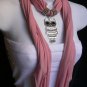 NEW WOMEN PINK SOFT SCARF NECKLACE CASUAL SILVER METAL OWL PENDANT BLACK BEADS