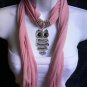 NEW WOMEN PINK SOFT SCARF NECKLACE CASUAL SILVER METAL OWL PENDANT BLACK BEADS