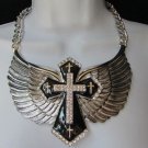 NEW WOMEN SILVER METAL WESTERN FASHION NECKLACE BIG BLACK CROSS WIDE EAGLE WINGS