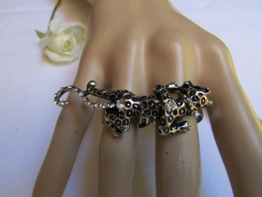 NEW WOMEN RUSTY SILVER METAL 2 FINGERS BIG TIGER LONG FASHION RING RHINESTONES