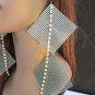 NEW WOMEN METALLIC BLUE FASHION EXTRA BIG 2 SQUARES 9" DROP EARRINGS RHINESTONES