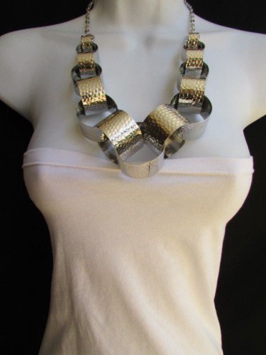NEW WOMEN SILVER MESH METAL BIG RINGS FASHION NECKLACE CHAINS HOLLYWOOD 11" DROP