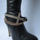 NEW GOLD CHAIN BOOT FAUX LEATHER STRAP BIG CROSS RHINESTONES WESTERN SHOES ROCK